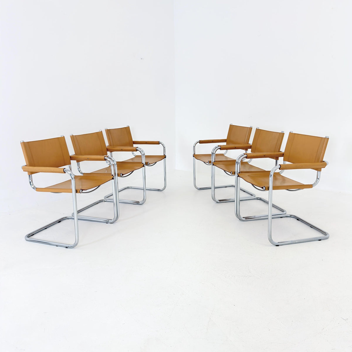 set of 6 Mid century Bauhaus Leather b34 armchairs by Mart Stam & Marcel Breuer for Fasem, Italy 1985