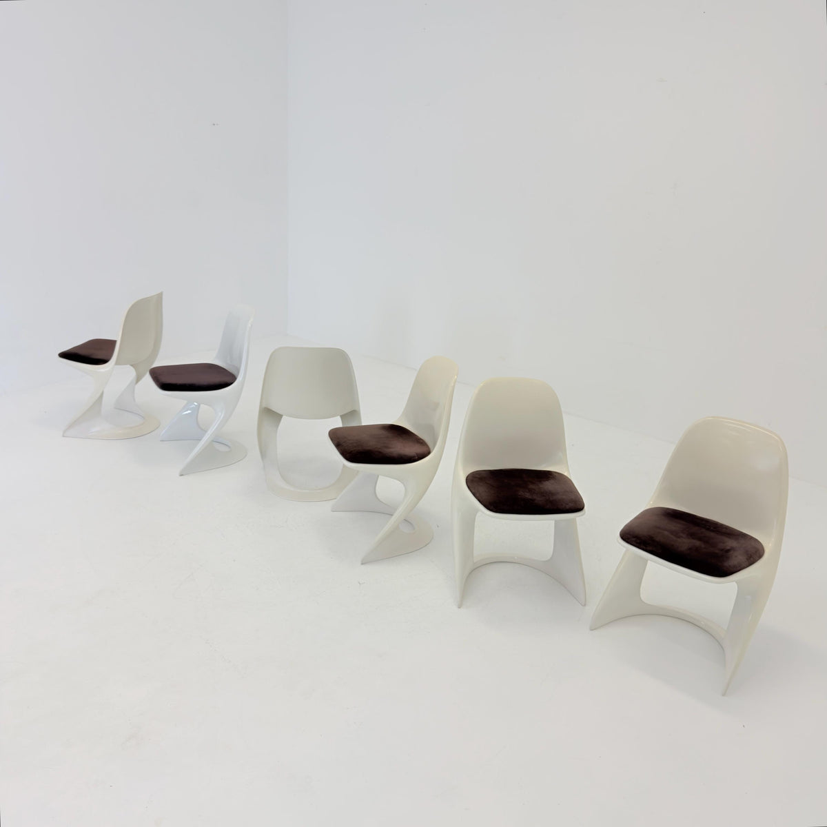 Set of 6 space age chairs model 200 by Alexander Begge for Casala original brown fabric upholstery 1970s Germany