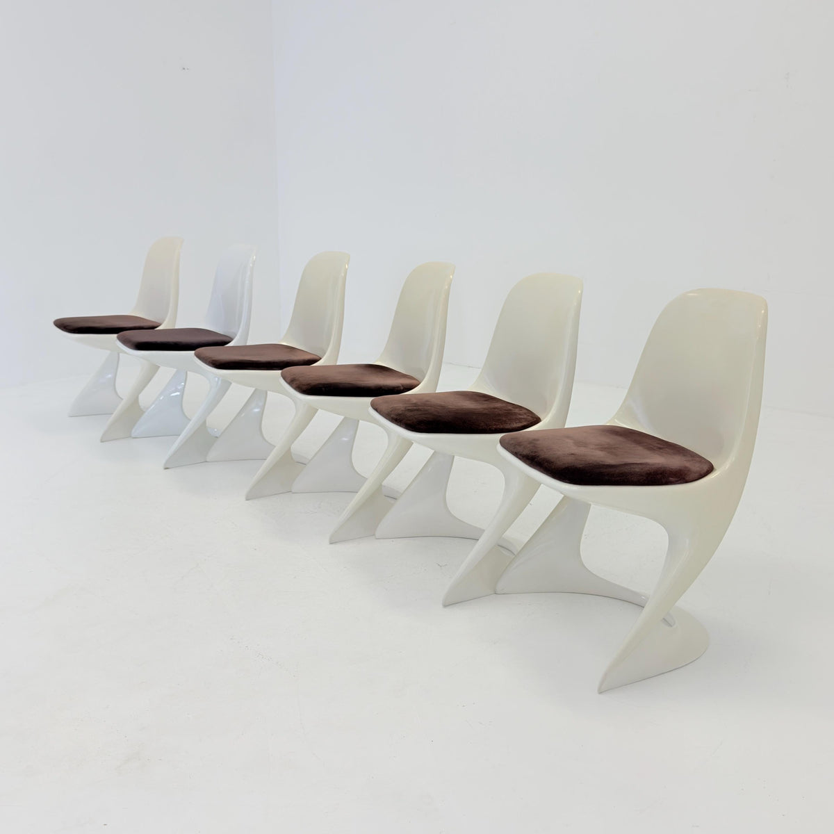 Set of 6 space age chairs model 200 by Alexander Begge for Casala original brown fabric upholstery 1970s Germany