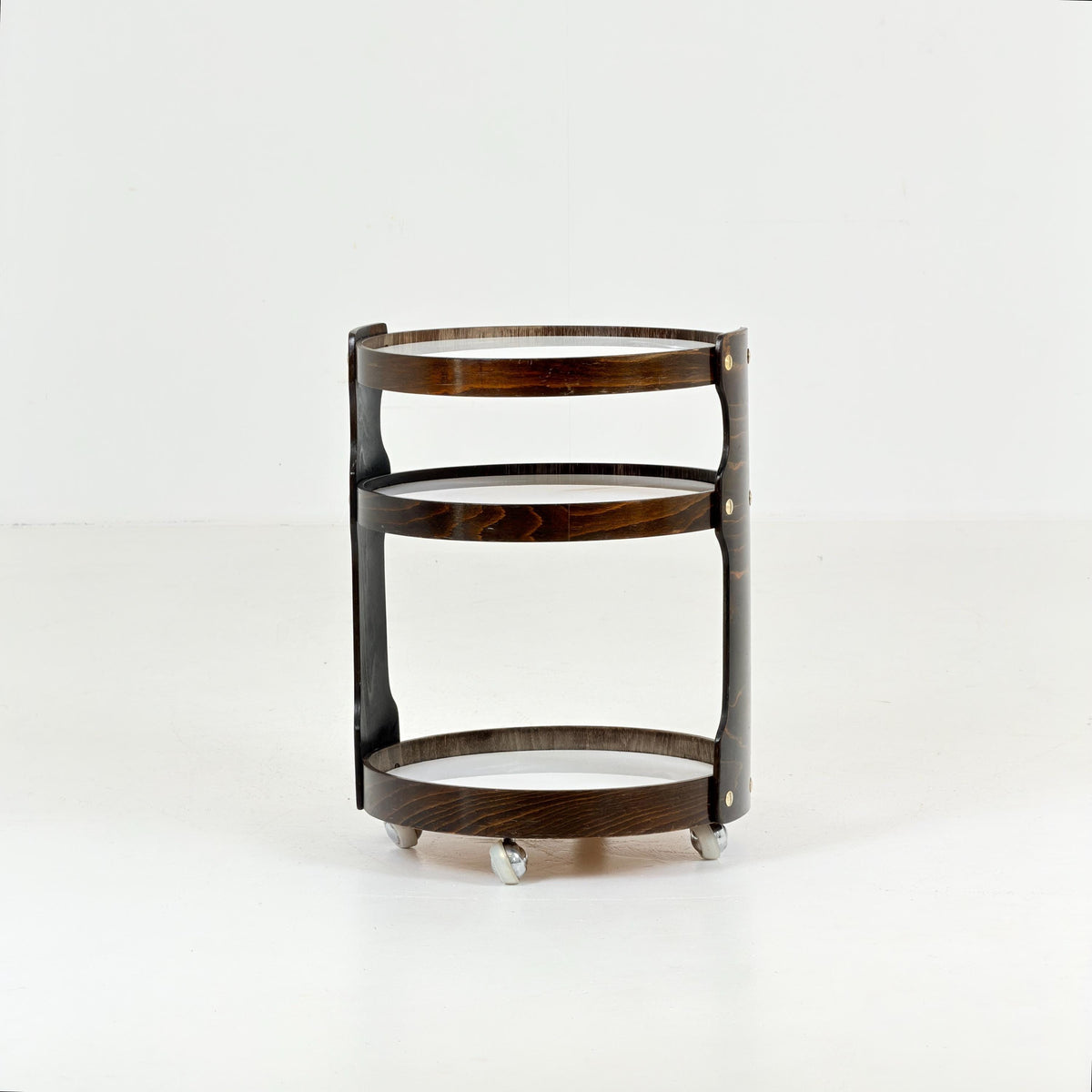 Mid-Century 3-Tier Round Wooden Serving Trolley | 1970s German Bar Cart | Vintage Side Table | Space Age Drinks Cart