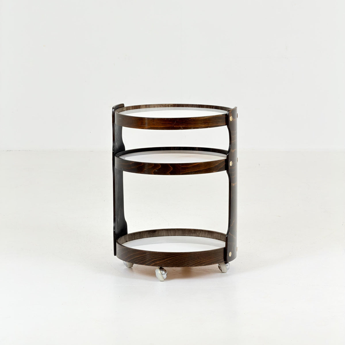 Mid-Century 3-Tier Round Wooden Serving Trolley | 1970s German Bar Cart | Vintage Side Table | Space Age Drinks Cart