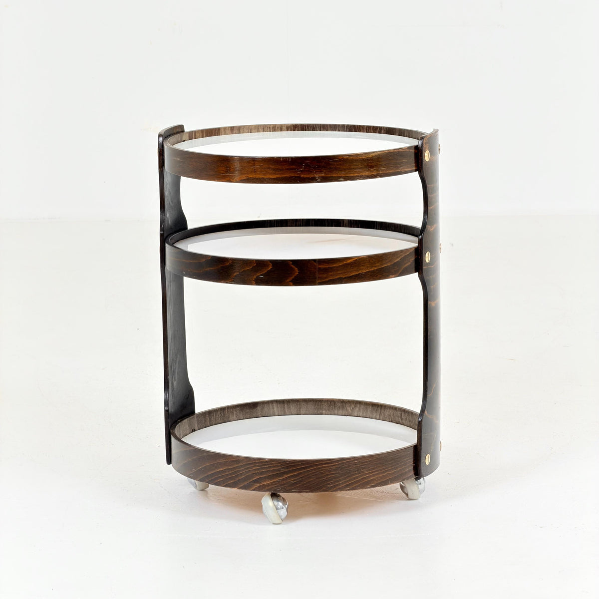 Mid-Century 3-Tier Round Wooden Serving Trolley | 1970s German Bar Cart | Vintage Side Table | Space Age Drinks Cart