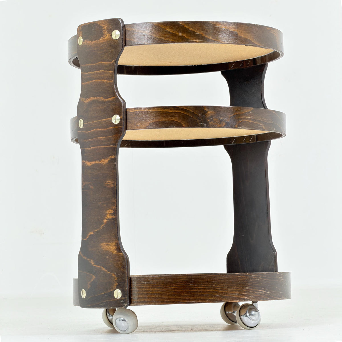 Mid-Century 3-Tier Round Wooden Serving Trolley | 1970s German Bar Cart | Vintage Side Table | Space Age Drinks Cart