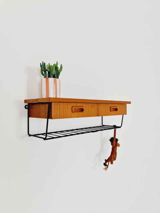 Scandinavian string teak floating/ hanging bedside table/ nightstand, 1960s