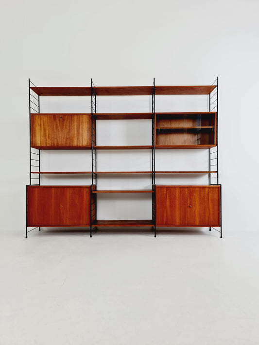 Mid century String shelf-system, bookcase with 3 cabinet and show case Teak wood by WHB Germany, 1950s