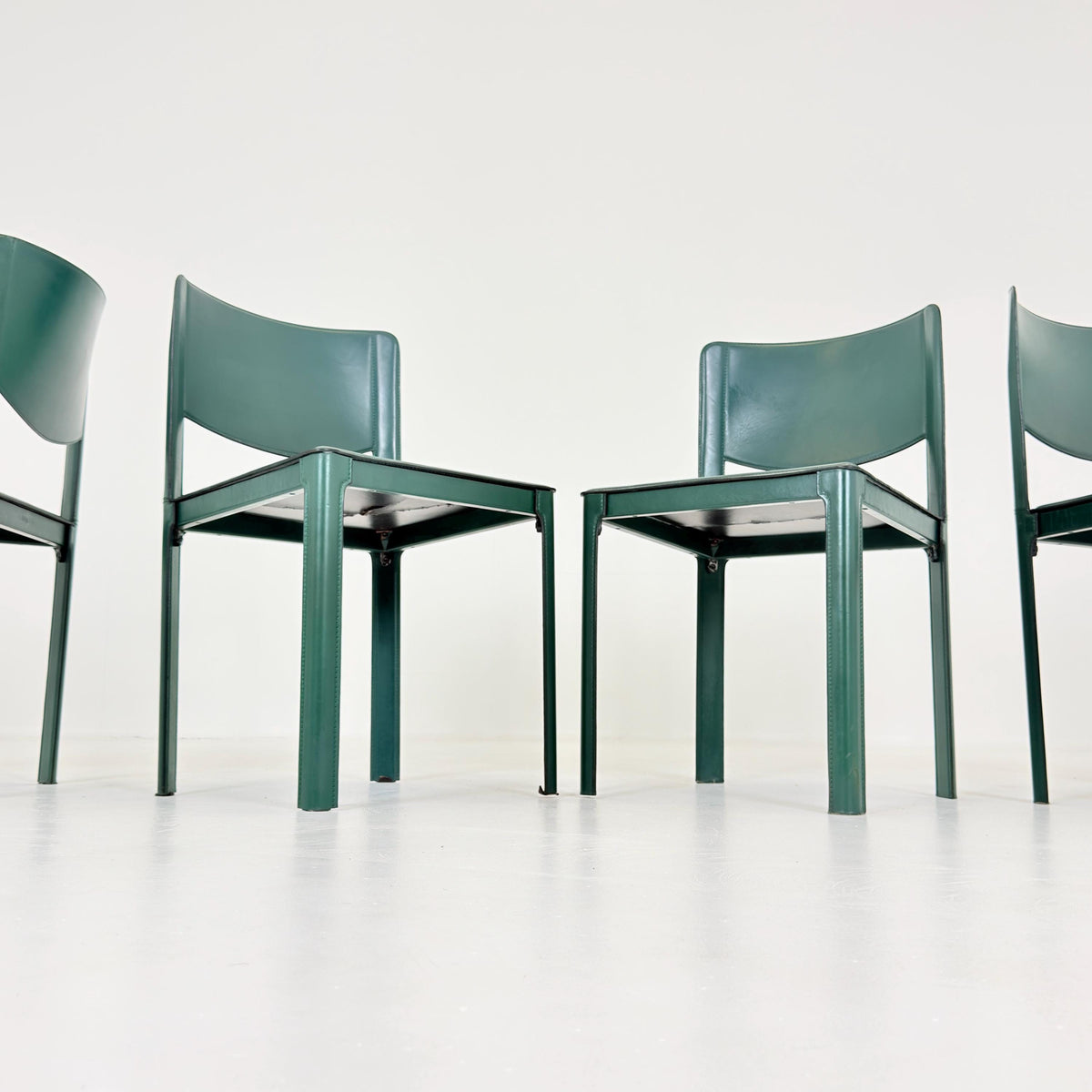 Rare Set of 4 Tito Agnoli Sistina Chairs for Matteo Grassi, Forest Green Leather, Italy 1980s