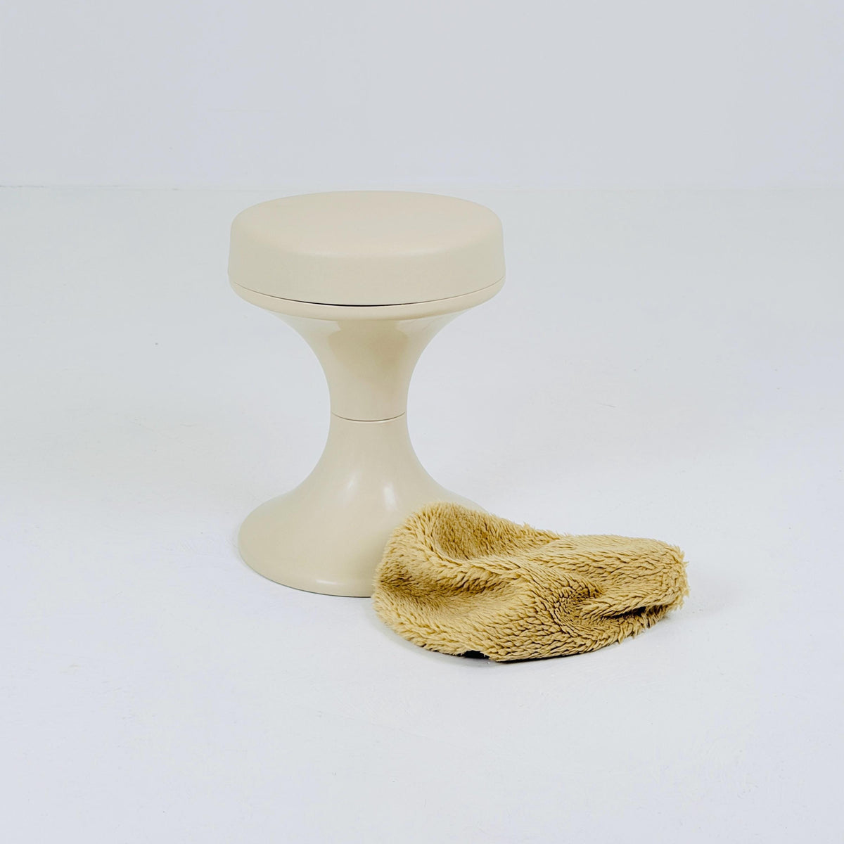 Mid century Space age beige Emsa Tulip stool with Teddy fabric cover West Germany 1970s