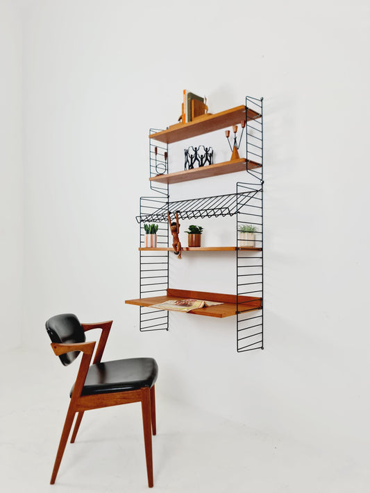 Wall-mounted original Swedish string shelf-system, bookcase teak wood by Nils & Kajsa Strinning, 1960s