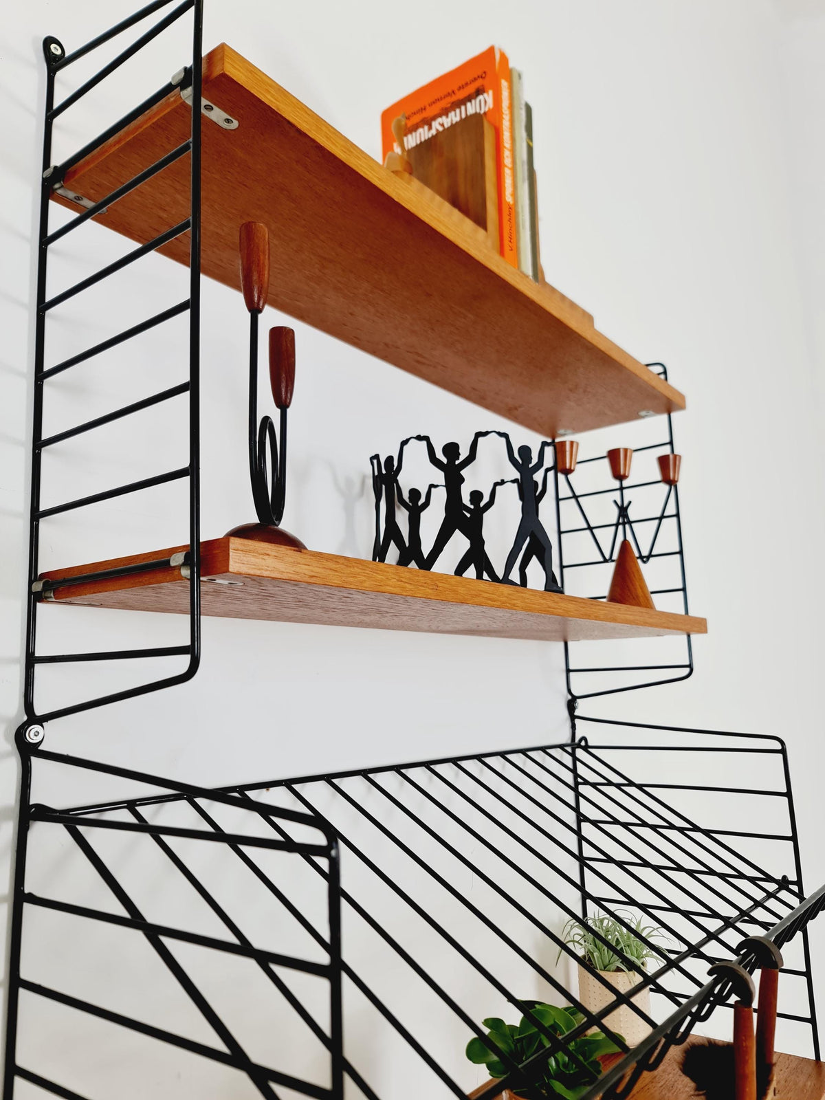 Wall-mounted original Swedish string shelf-system, bookcase teak wood by Nils & Kajsa Strinning, 1960s