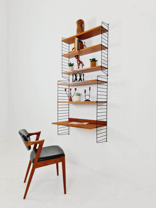 Wall-mounted original Swedish string shelf-system, bookcase teak wood by Nils & Kajsa Strinning, 1960s