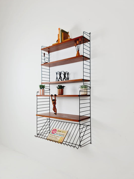 Original MCM Teak shelving system - consists of Black lacquered metal ladders, from string Stockholm 1960s
