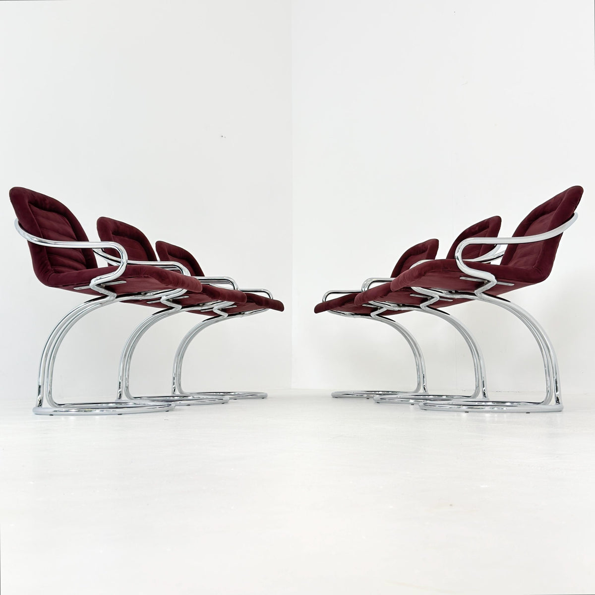 Set of 6 Mid century Cantilever Dining Chairs by Gastone Rinaldi Cantilever wine red – for RIMA Italy 1970s