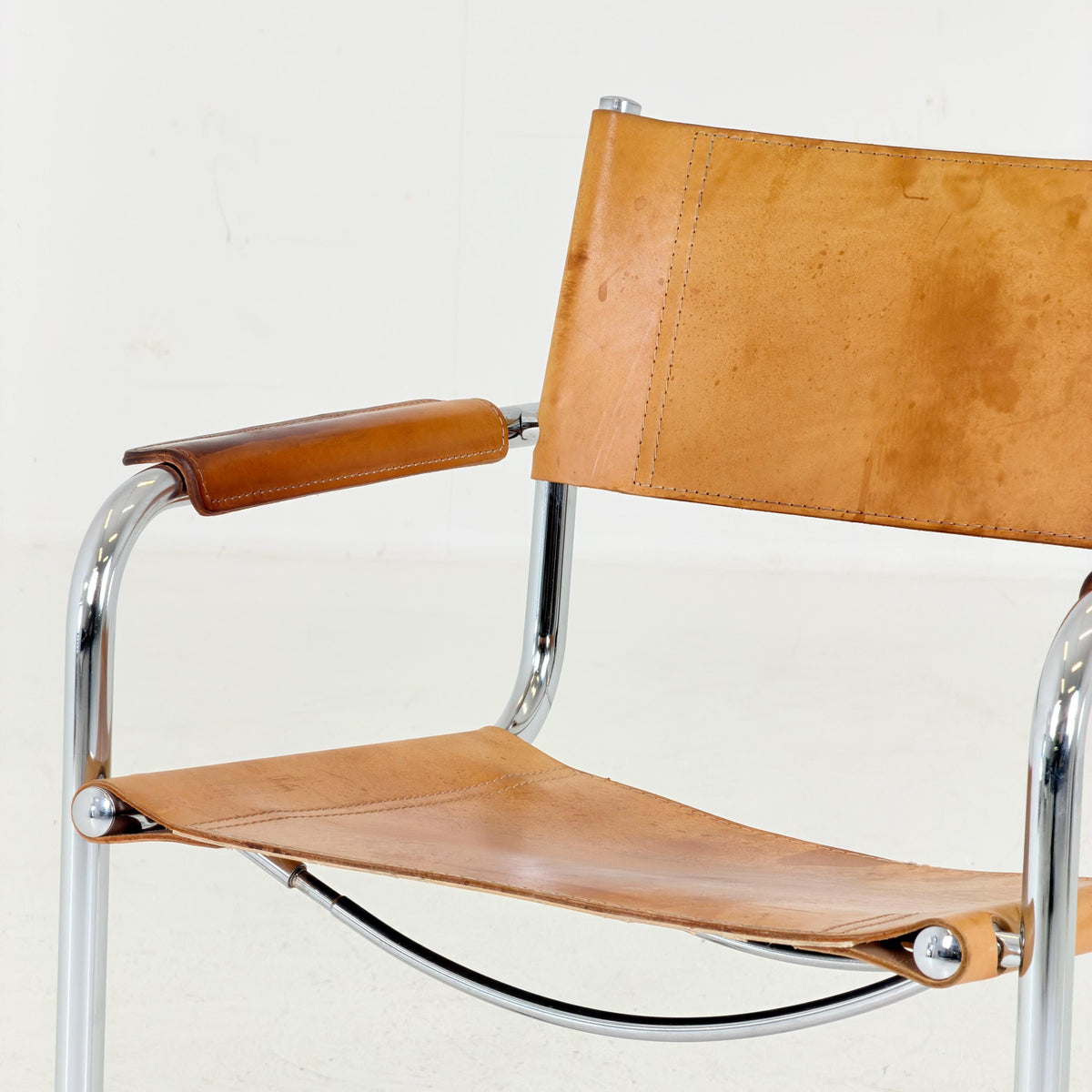 Mid Century S34 Cognac Leather Armchair by Mart Stam, Bauhaus Chrome Chair, Italy 1980s