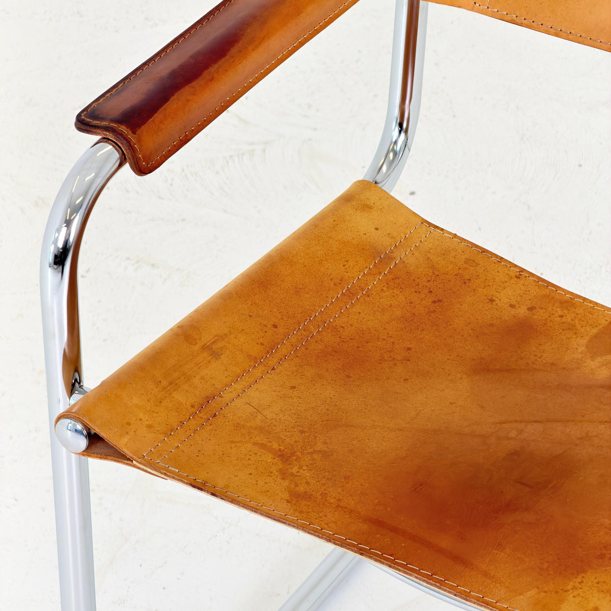 Mid Century S34 Cognac Leather Armchair by Mart Stam, Bauhaus Chrome Chair, Italy 1980s