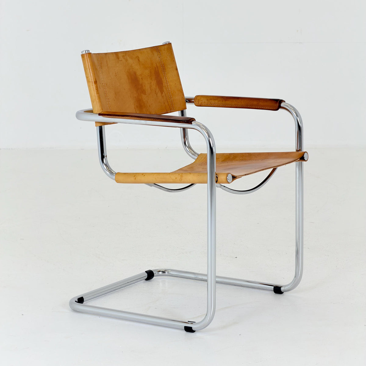 Mid Century S34 Cognac Leather Armchair by Mart Stam, Bauhaus Chrome Chair, Italy 1980s