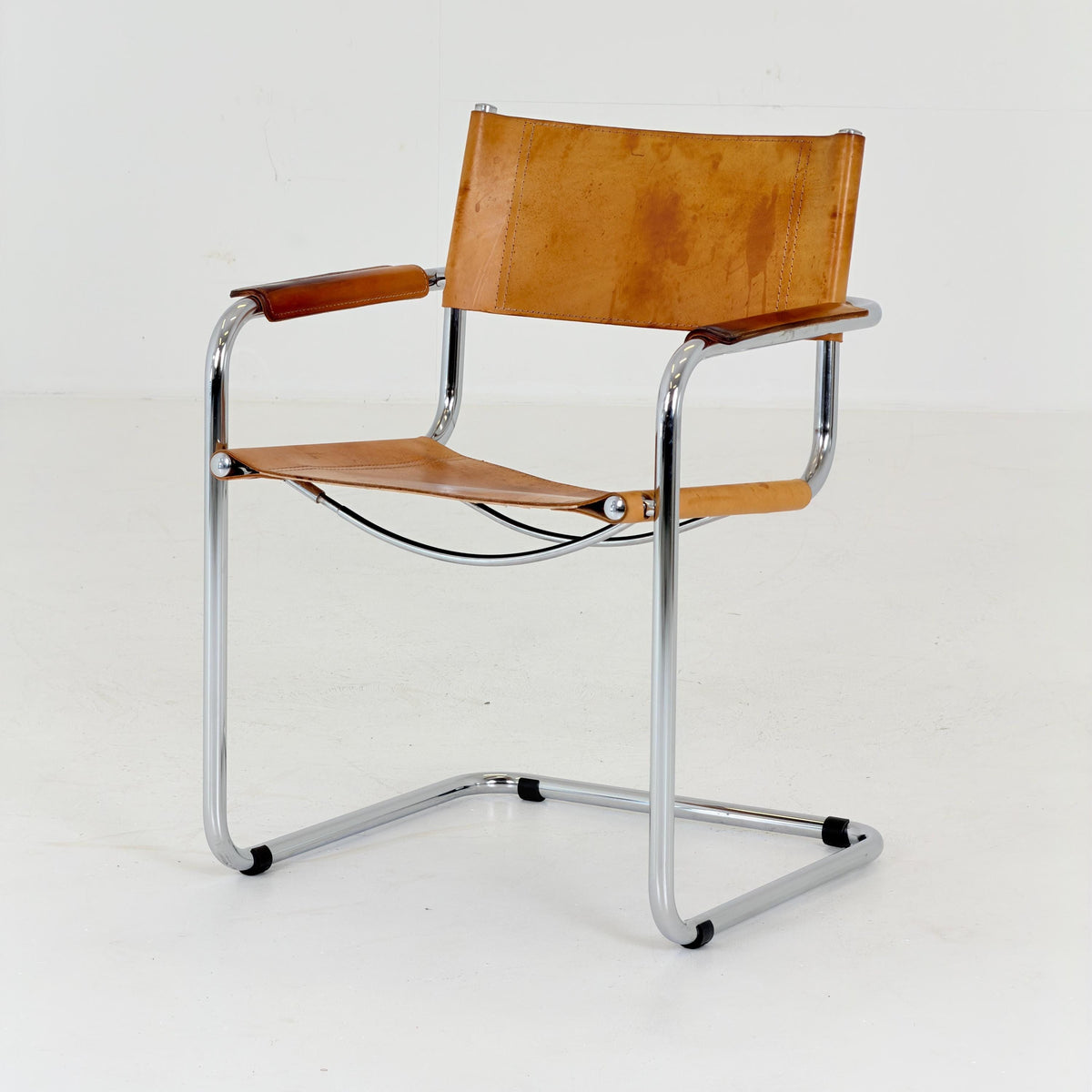 Mid Century S34 Cognac Leather Armchair by Mart Stam, Bauhaus Chrome Chair, Italy 1980s