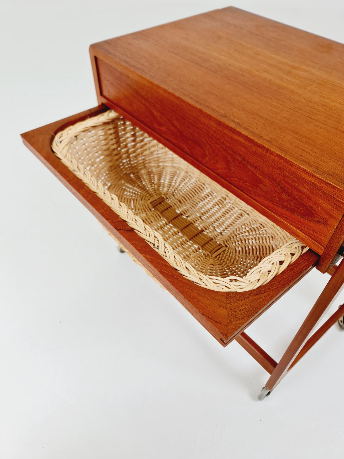 Vintage Danish teak and rattan sewing table/ side table cabinet By BR Gelsted , 1960s