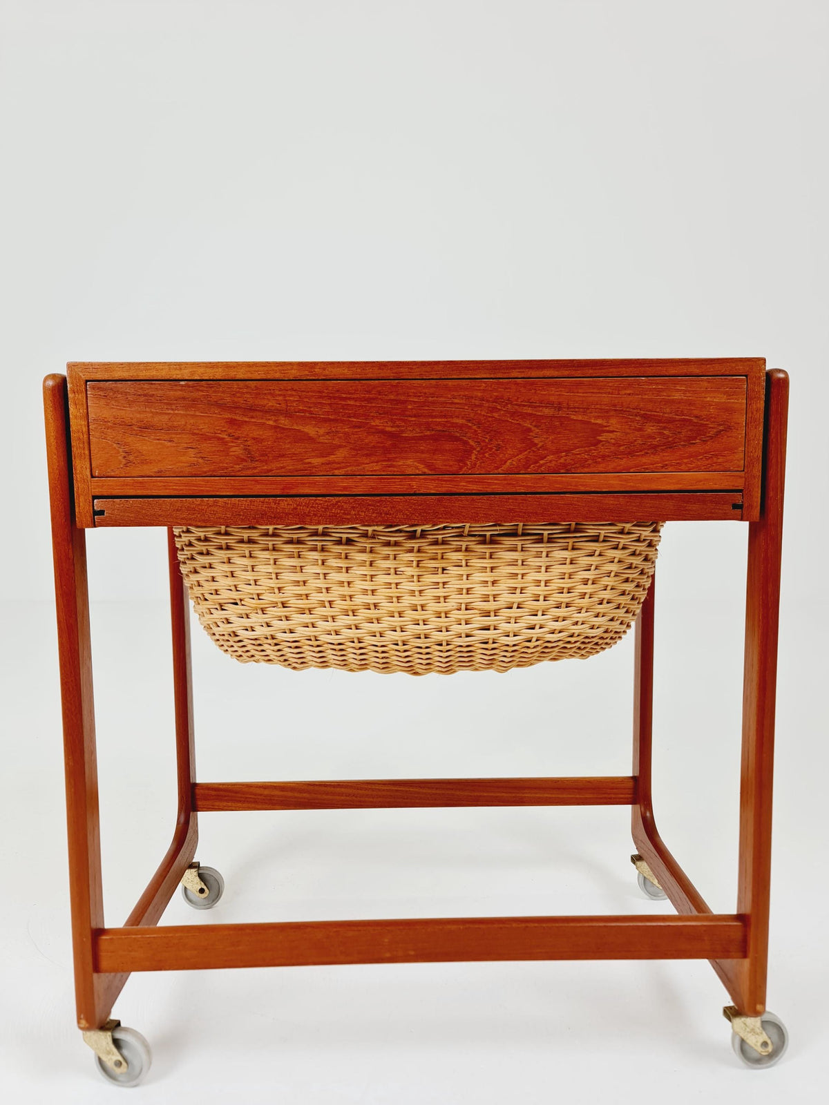 Vintage Danish teak and rattan sewing table/ side table cabinet By BR Gelsted , 1960s