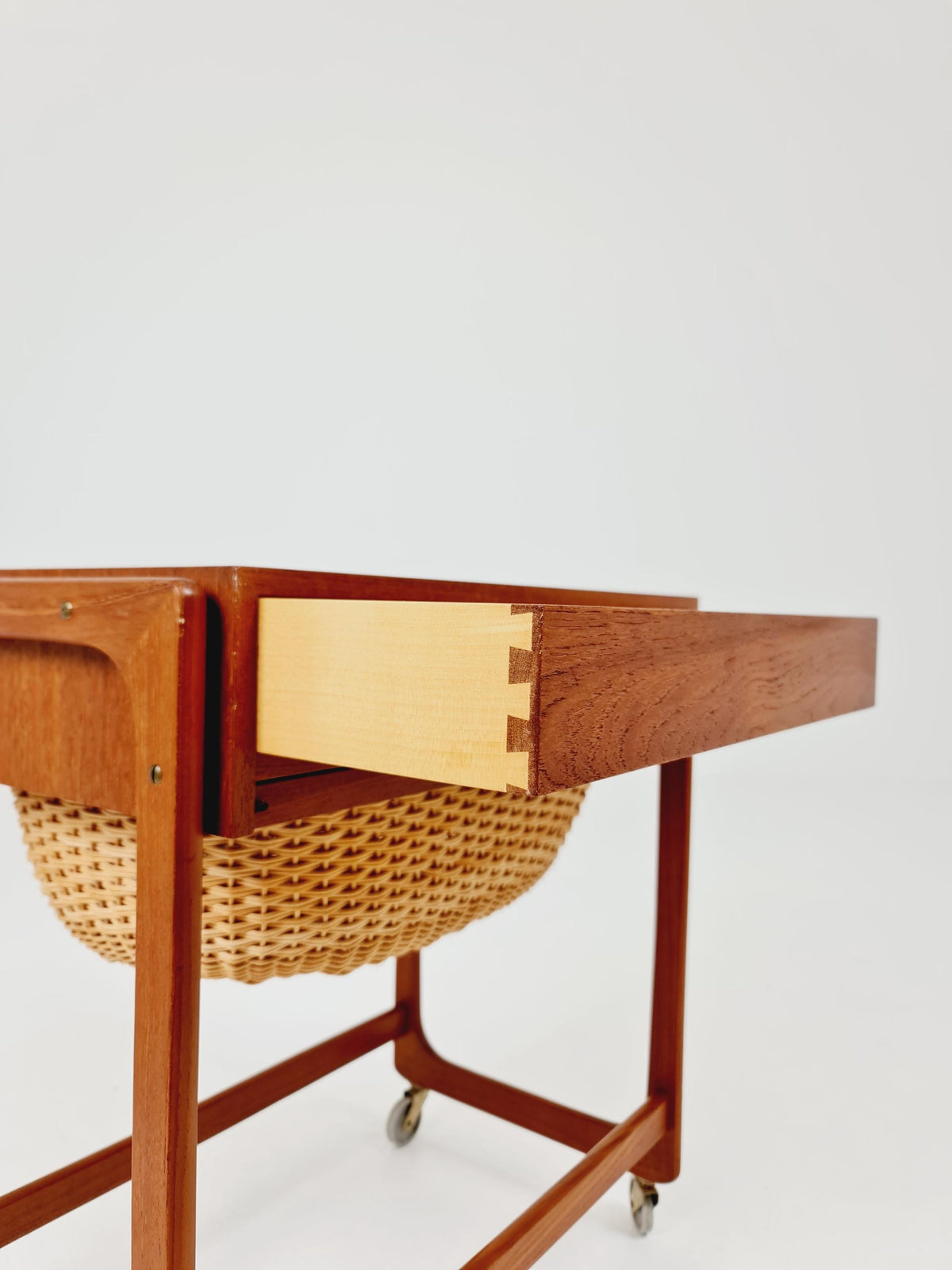 Vintage Danish teak and rattan sewing table/ side table cabinet By BR Gelsted , 1960s