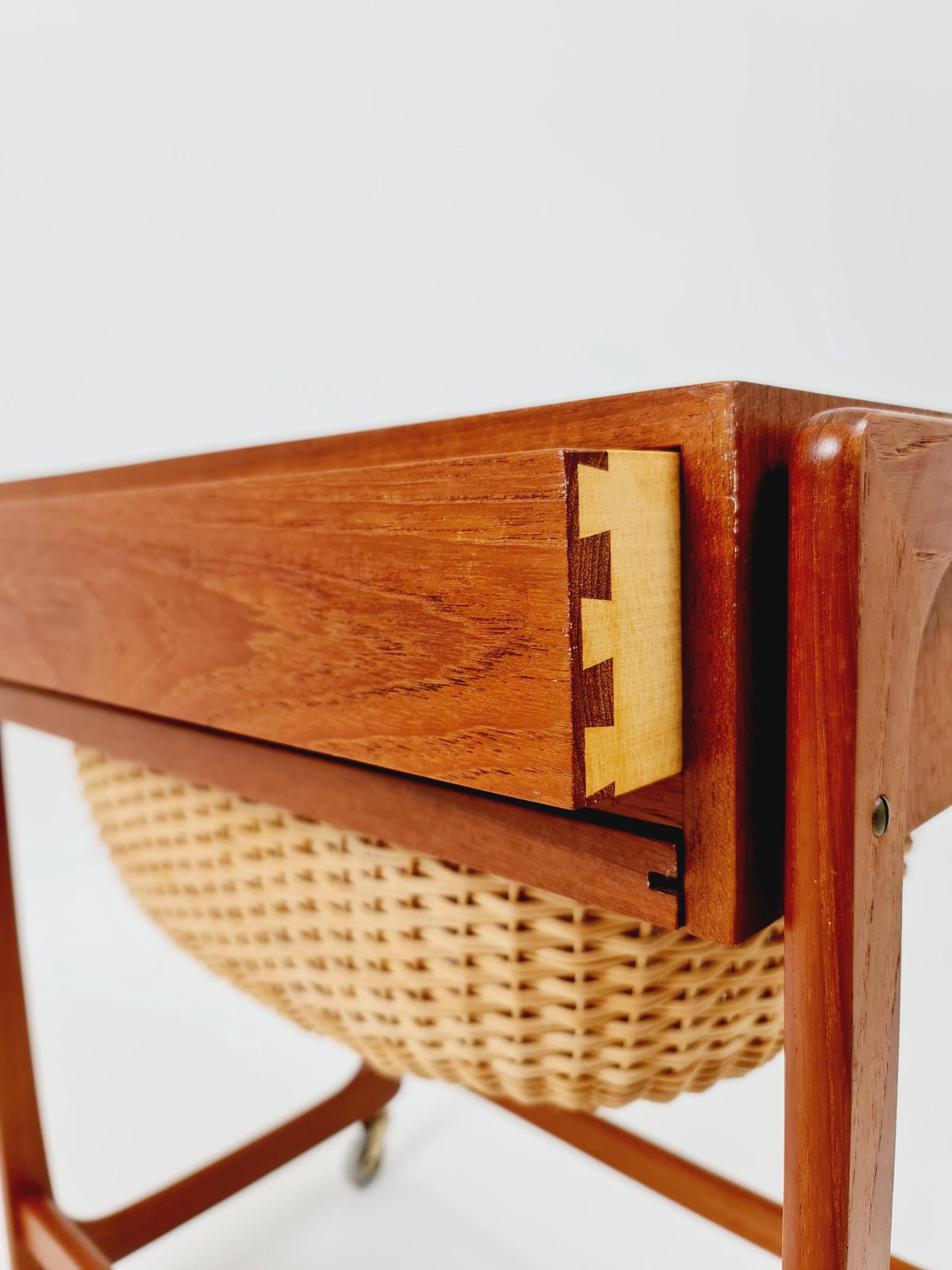 Vintage Danish teak and rattan sewing table/ side table cabinet By BR Gelsted , 1960s