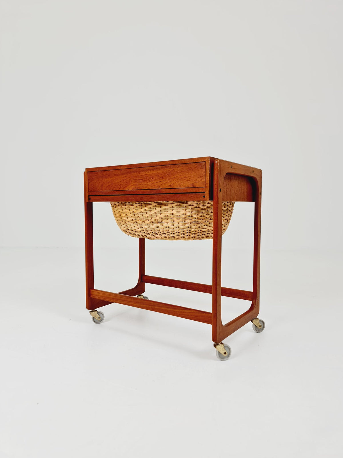 Vintage Danish teak and rattan sewing table/ side table cabinet By BR Gelsted , 1960s