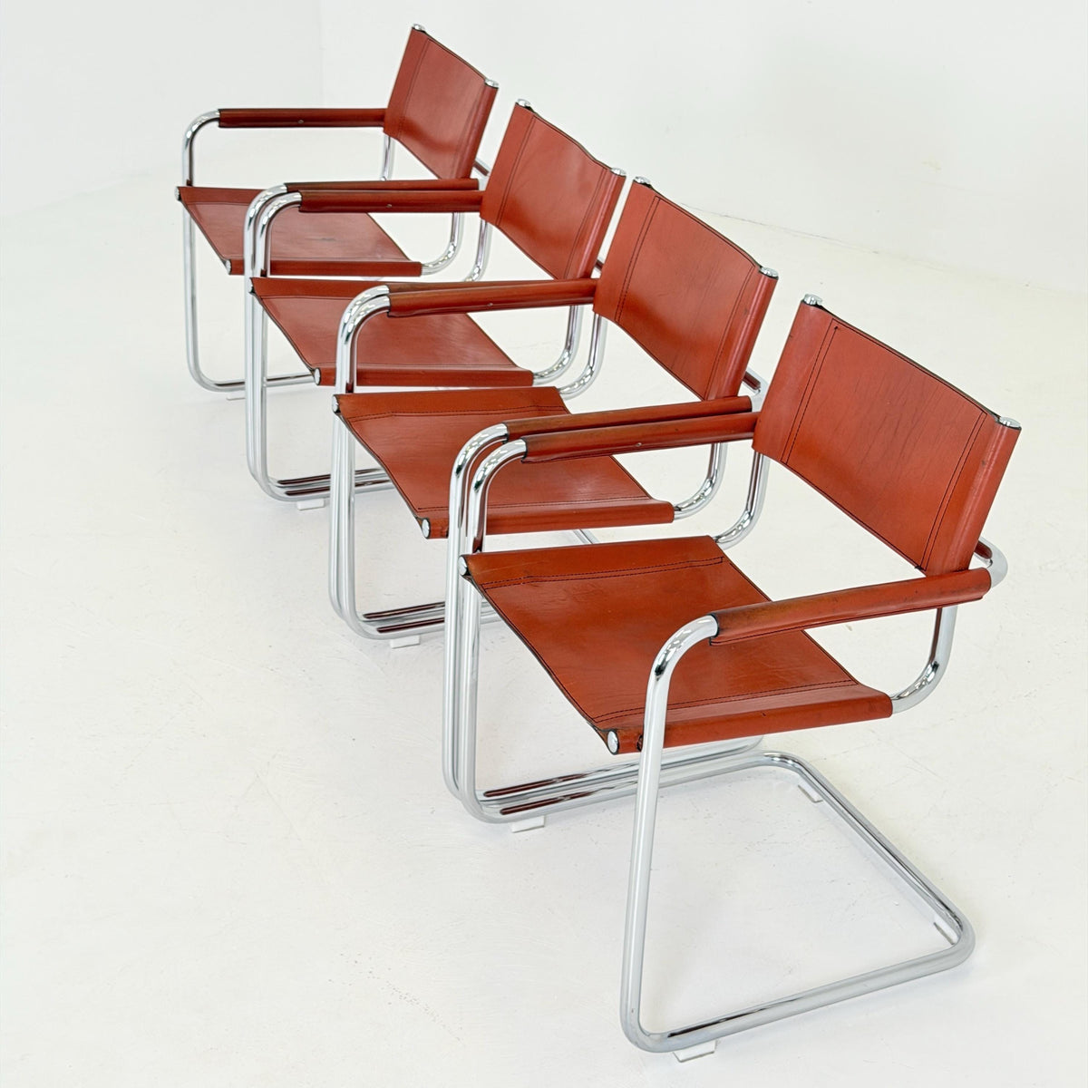 set of 4 Mid century Bauhaus Leather b34 armchairs by Mart Stam & Marcel Breuer for Fasem, Italy 1985