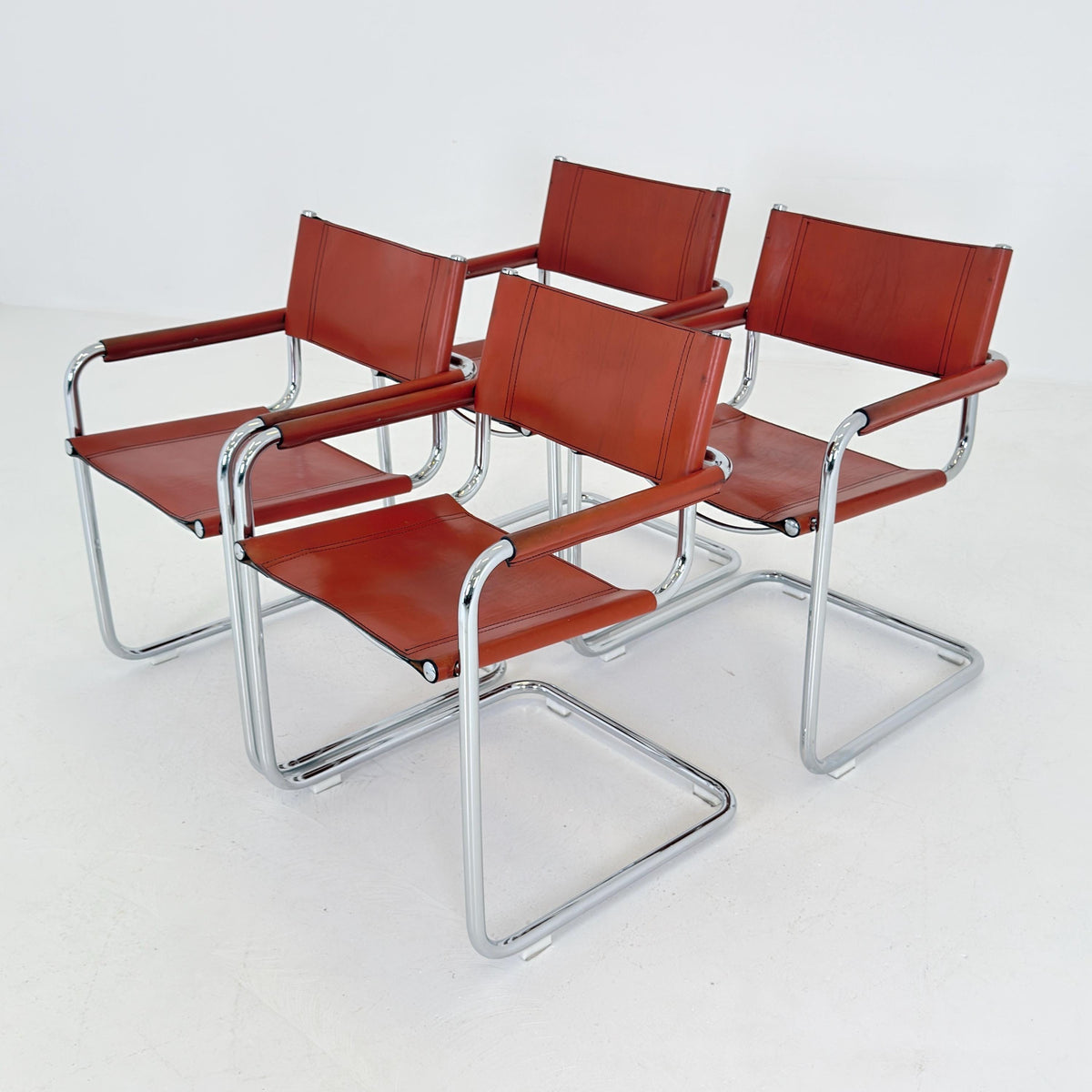 set of 4 Mid century Bauhaus Leather b34 armchairs by Mart Stam & Marcel Breuer for Fasem, Italy 1985