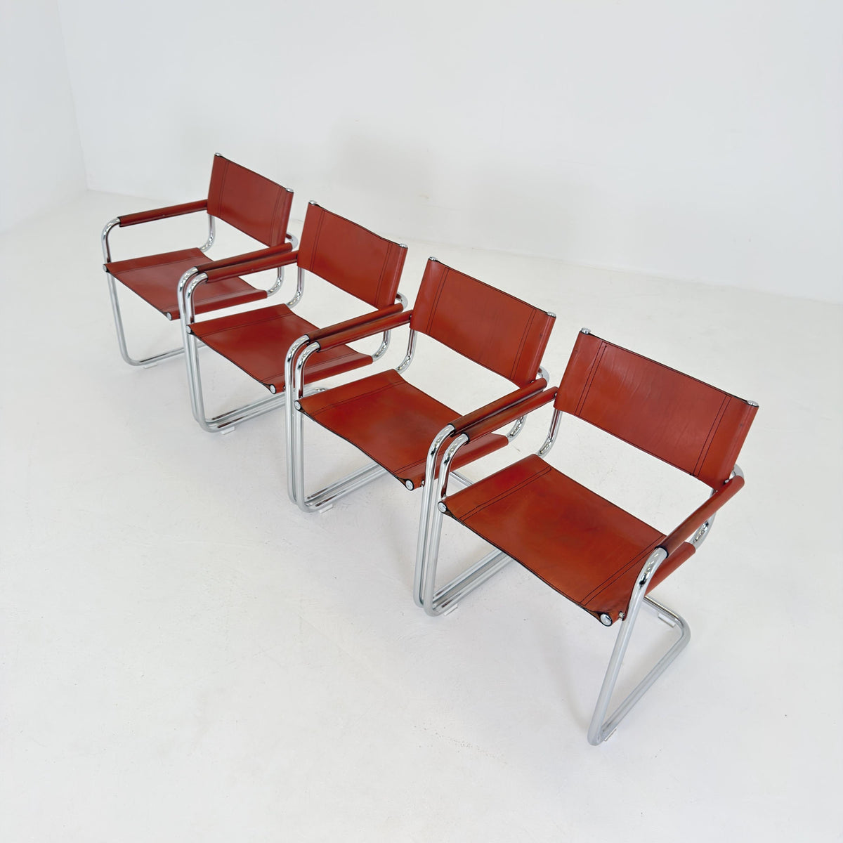 set of 4 Mid century Bauhaus Leather b34 armchairs by Mart Stam & Marcel Breuer for Fasem, Italy 1985