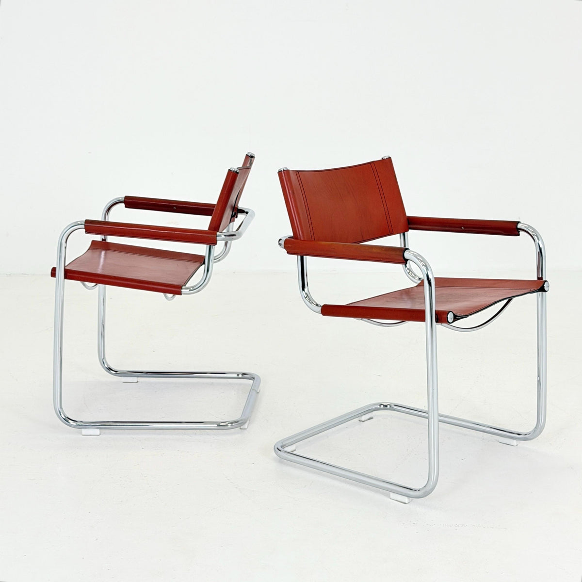 set of 2 Mid century Bauhaus Leather b34 armchairs by Mart Stam & Marcel Breuer for Fasem, Italy 1985
