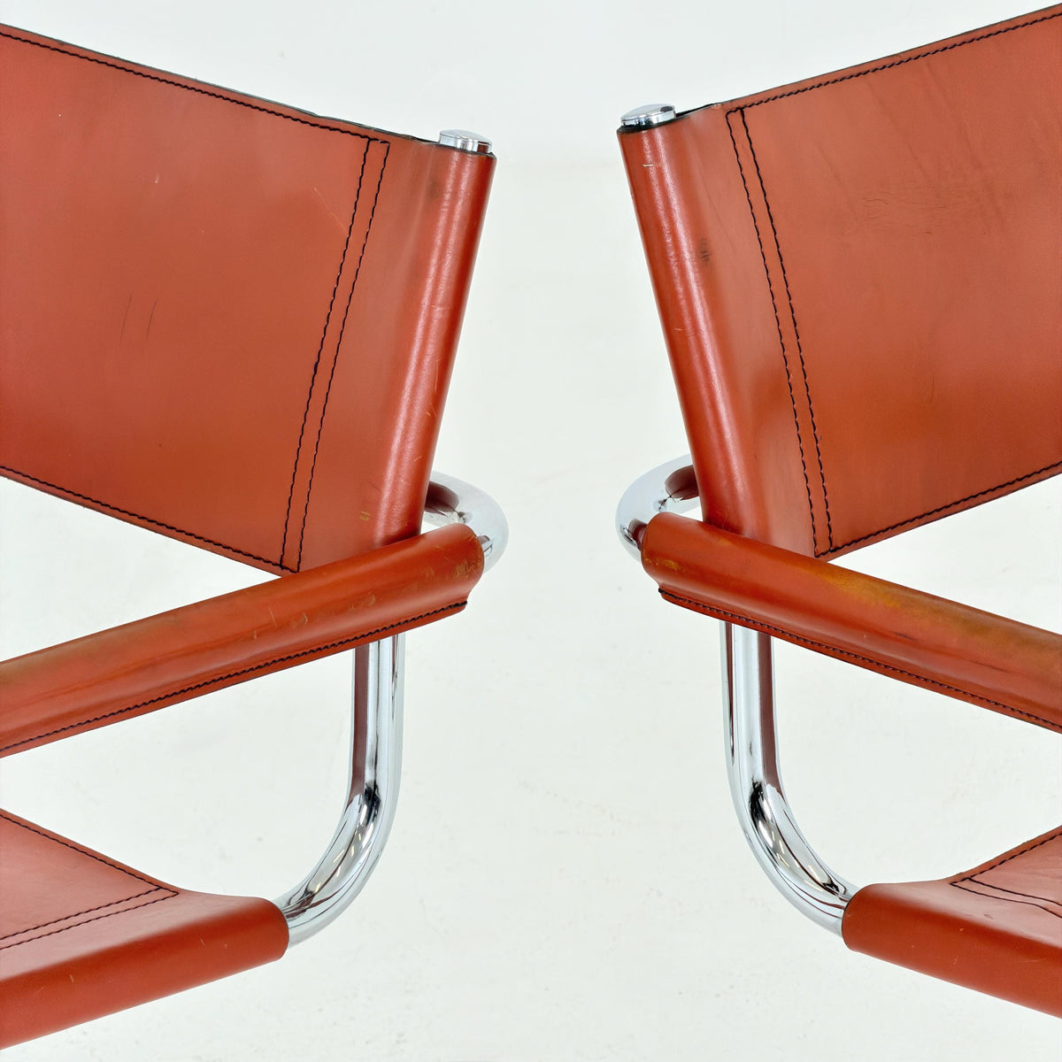 set of 2 Mid century Bauhaus Leather b34 armchairs by Mart Stam & Marcel Breuer for Fasem, Italy 1985