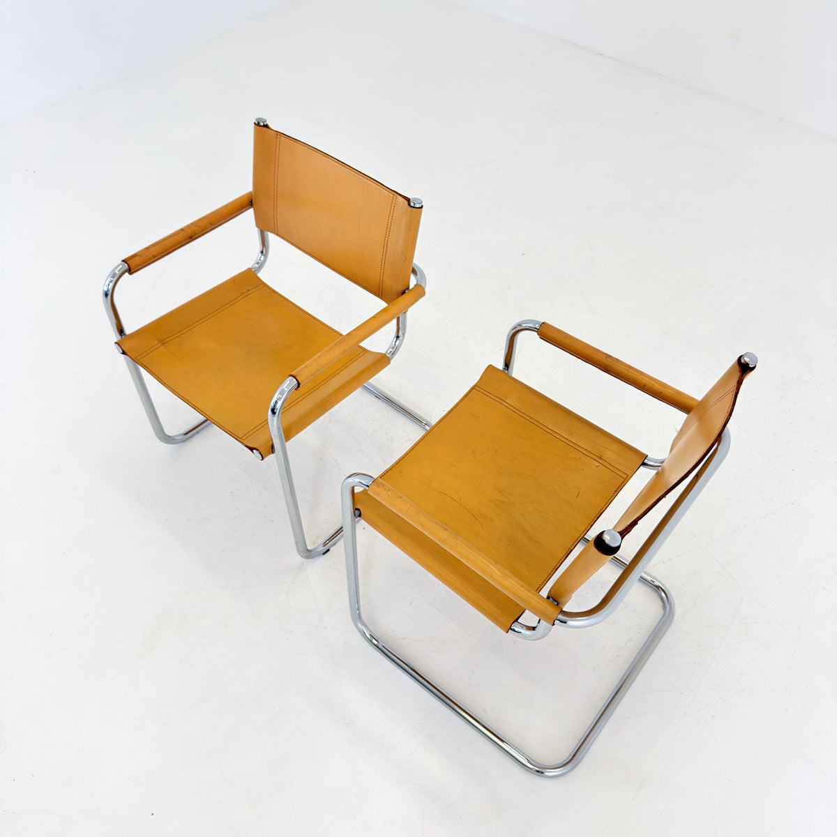 set of 2 Mid century Bauhaus Leather b34 armchairs by Mart Stam & Marcel Breuer for Fasem, Italy 1985
