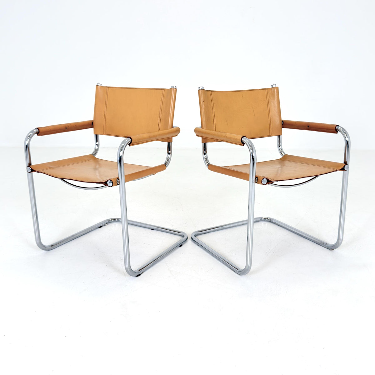 set of 2 Mid century Bauhaus Leather b34 armchairs by Mart Stam & Marcel Breuer for Fasem, Italy 1985