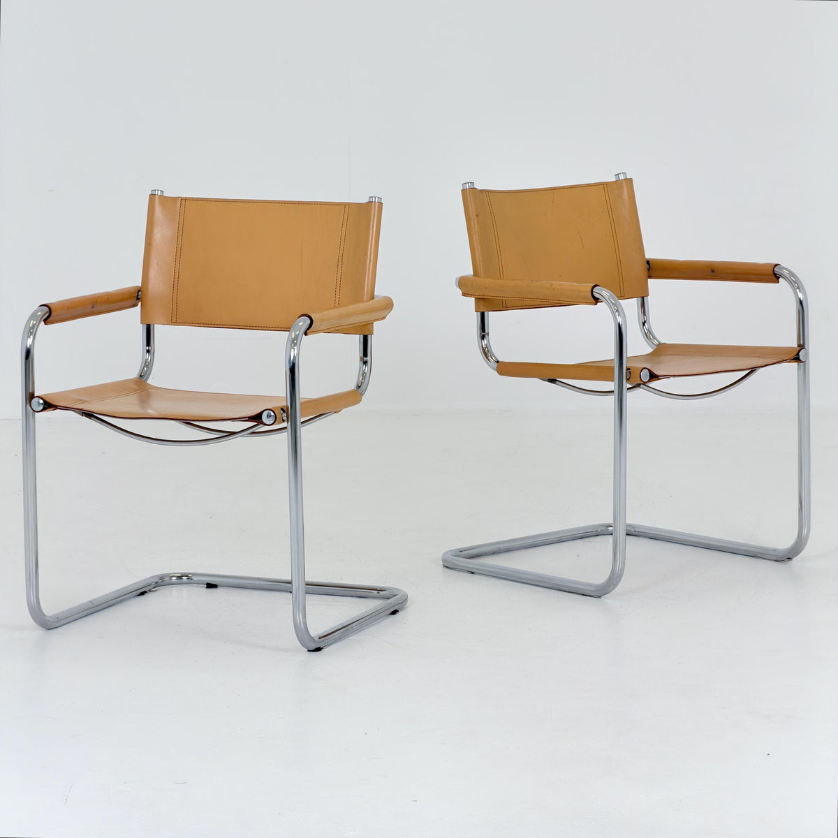 set of 2 Mid century Bauhaus Leather b34 armchairs by Mart Stam & Marcel Breuer for Fasem, Italy 1985