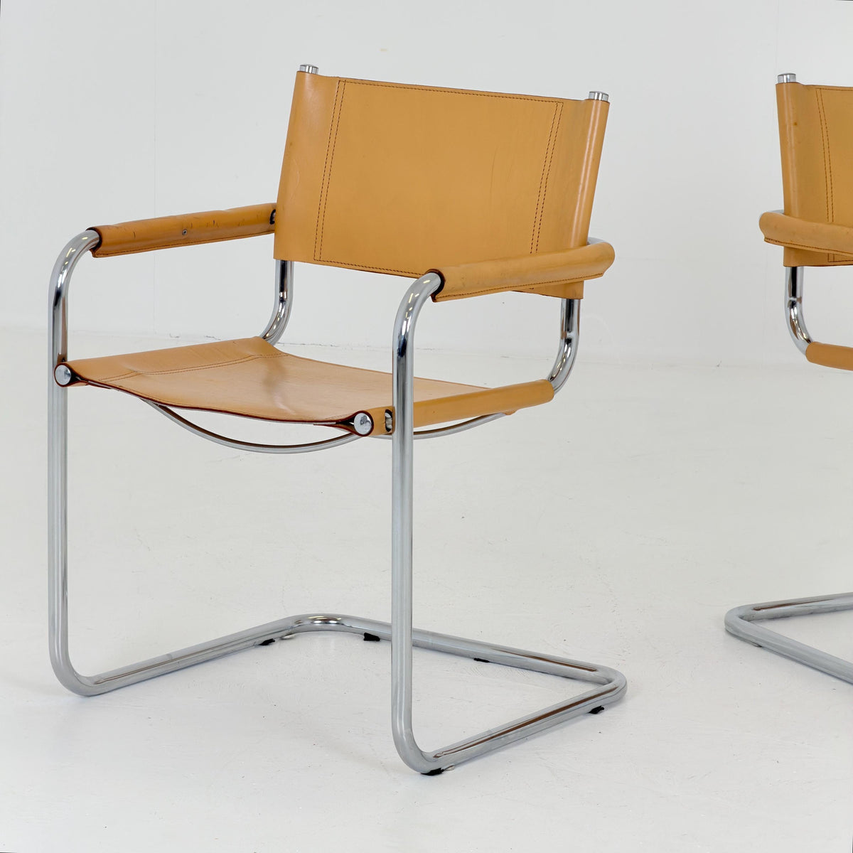 set of 2 Mid century Bauhaus Leather b34 armchairs by Mart Stam & Marcel Breuer for Fasem, Italy 1985