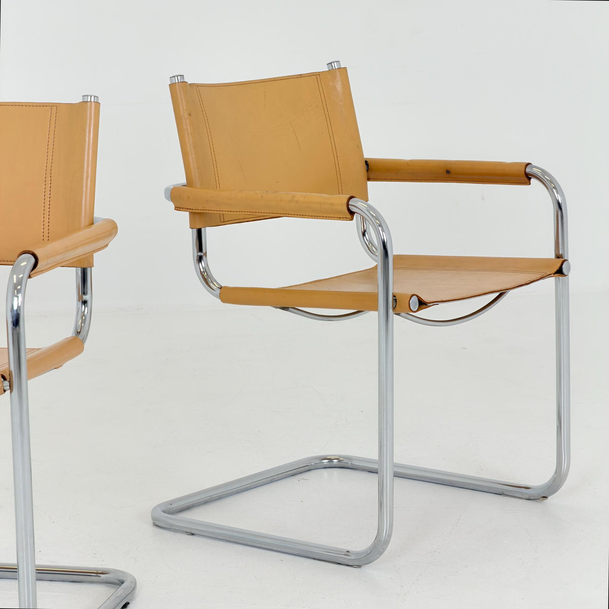 set of 2 Mid century Bauhaus Leather b34 armchairs by Mart Stam & Marcel Breuer for Fasem, Italy 1985