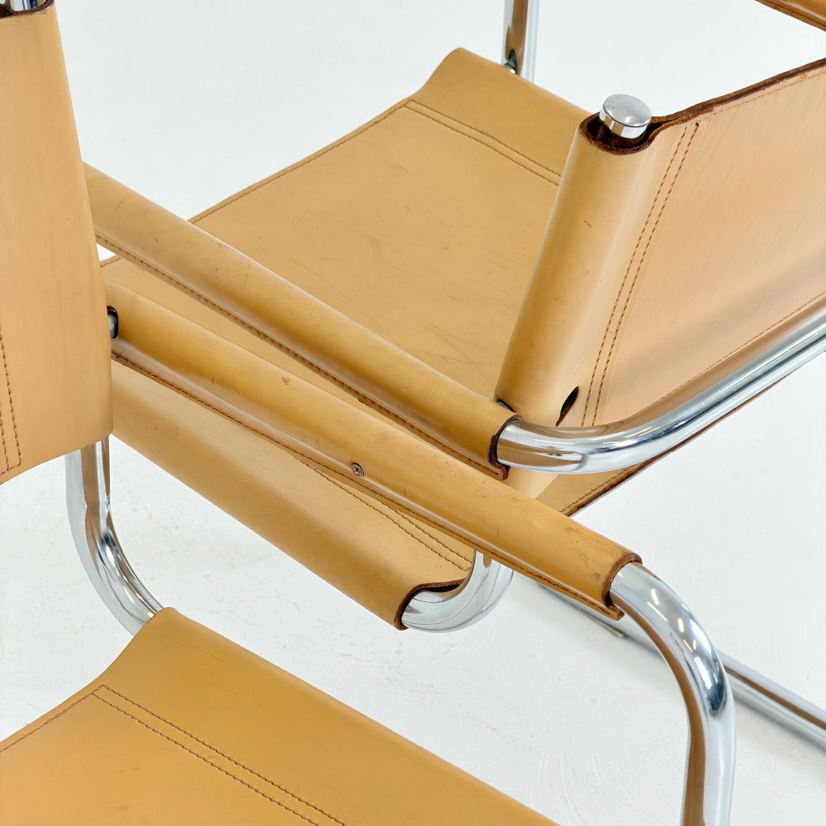 set of 2 Mid century Bauhaus Leather b34 armchairs by Mart Stam & Marcel Breuer for Fasem, Italy 1985
