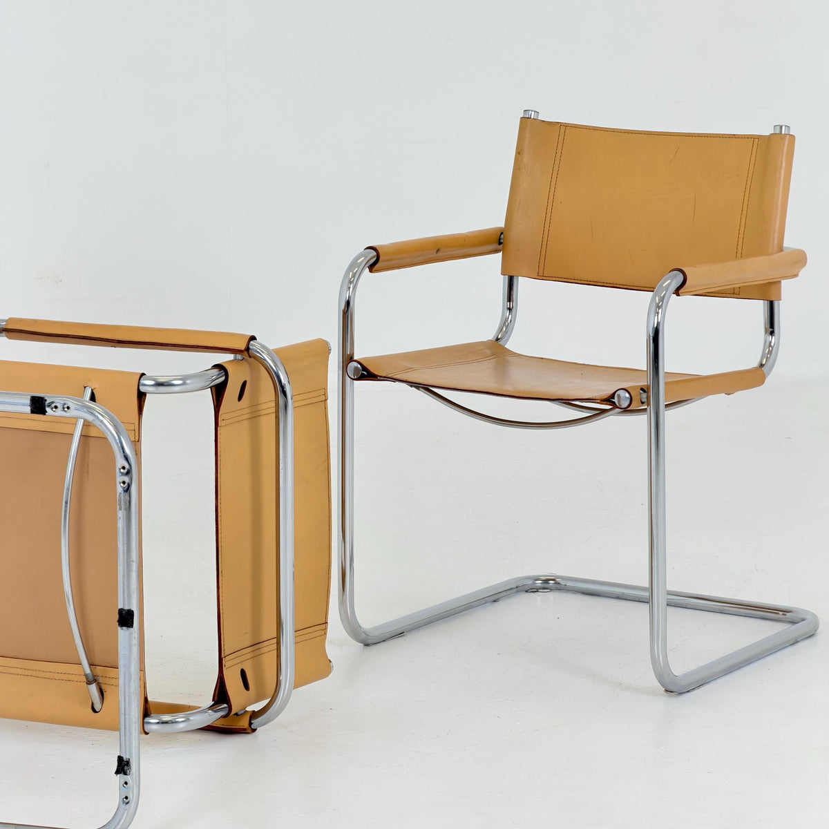 set of 2 Mid century Bauhaus Leather b34 armchairs by Mart Stam & Marcel Breuer for Fasem, Italy 1985