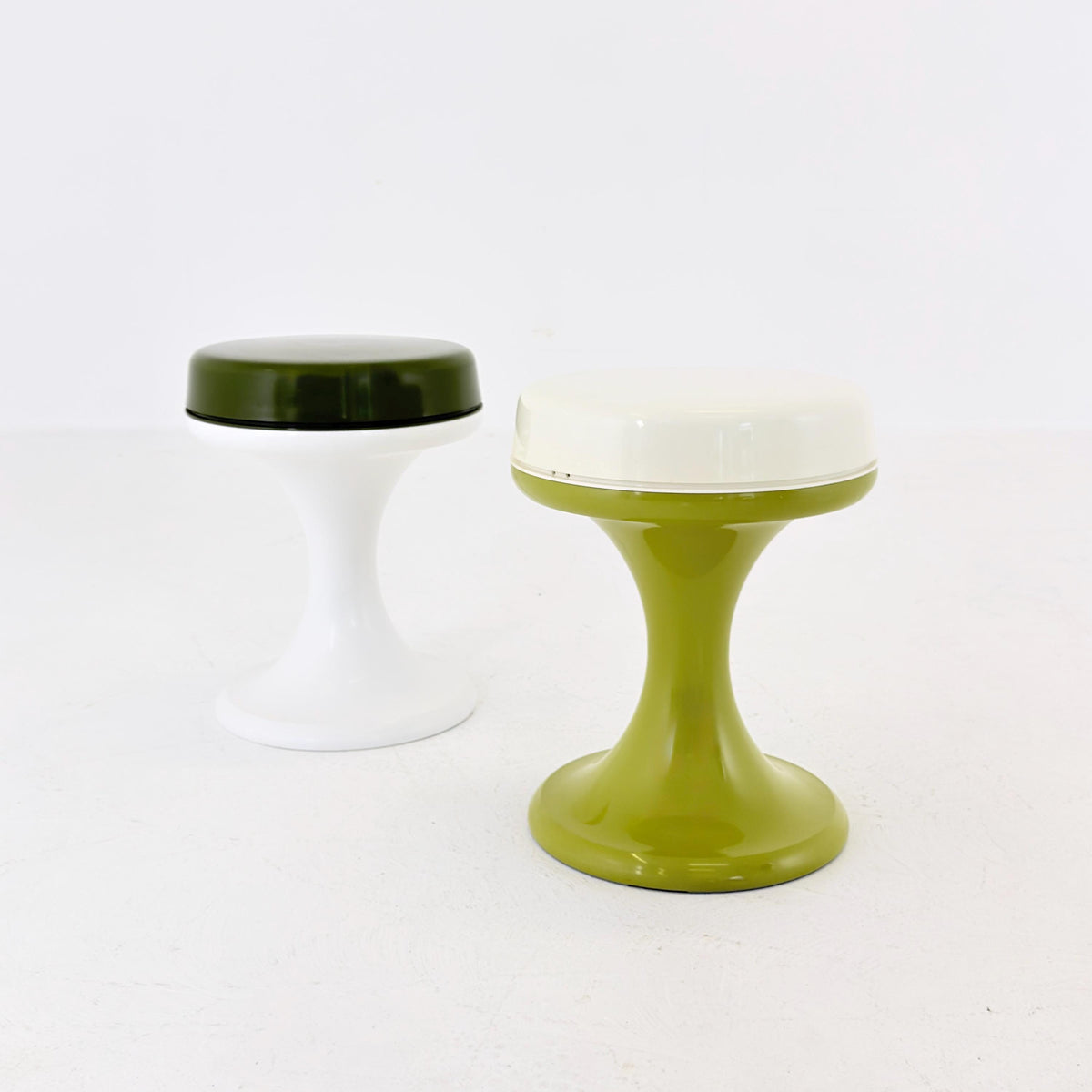 Mid Century Space Age Emsa Tulip Stools – Set of 2 – Olive Green & White – West Germany 1970s