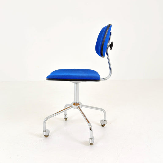 Mid-Century Bauhaus Swivel Office Chair, Blue Fabric Desk Chair, Chrome Steel Base, 1980s Germany