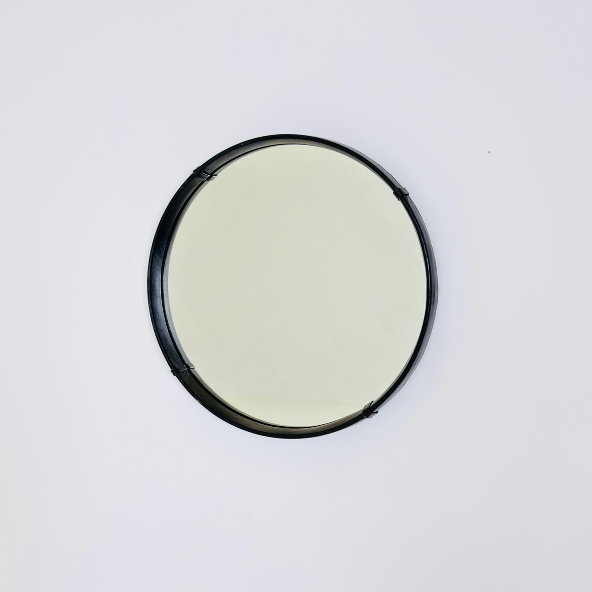 Mid Century Round Wall Mirror, Black Leather Frame, Vintage German Mirror, 1970s