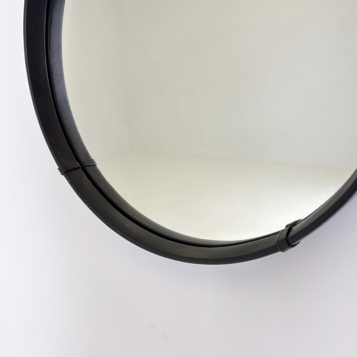Mid Century Round Wall Mirror, Black Leather Frame, Vintage German Mirror, 1970s