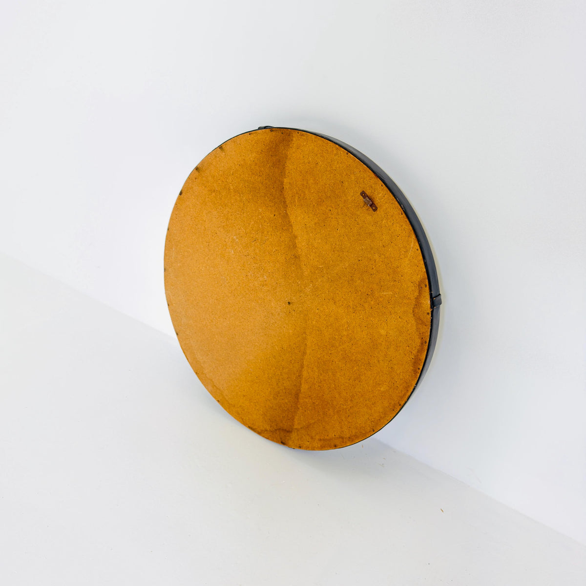 Mid Century Round Wall Mirror, Black Leather Frame, Vintage German Mirror, 1970s