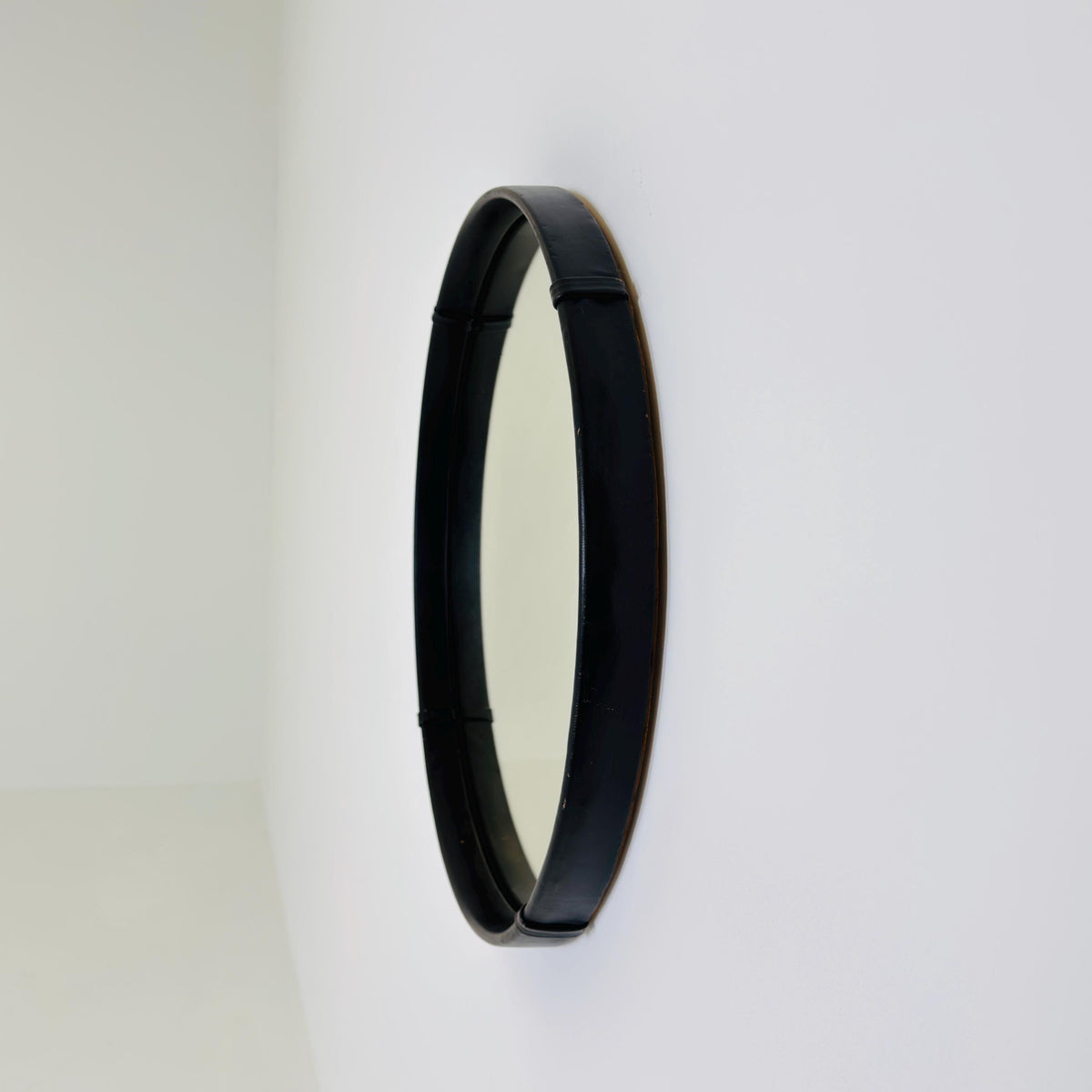 Mid Century Round Wall Mirror, Black Leather Frame, Vintage German Mirror, 1970s