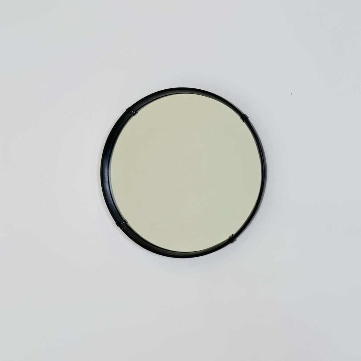 Mid Century Round Wall Mirror, Black Leather Frame, Vintage German Mirror, 1970s
