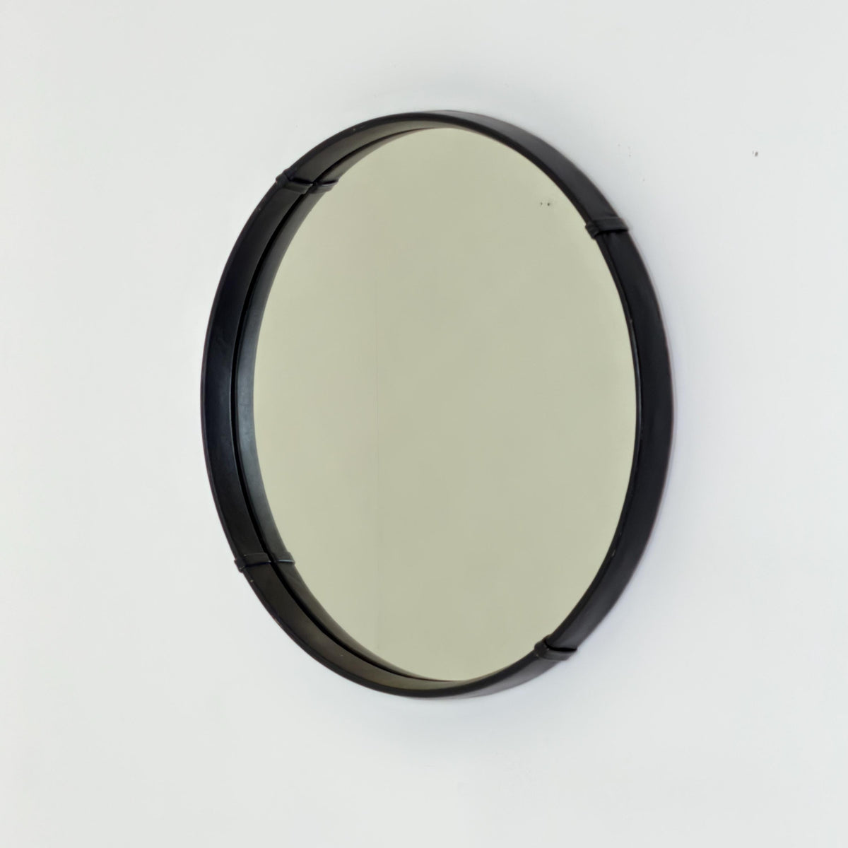 Mid Century Round Wall Mirror, Black Leather Frame, Vintage German Mirror, 1970s