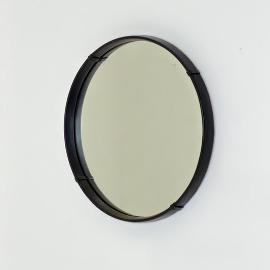 Mid Century Round Wall Mirror, Black Leather Frame, Vintage German Mirror, 1970s