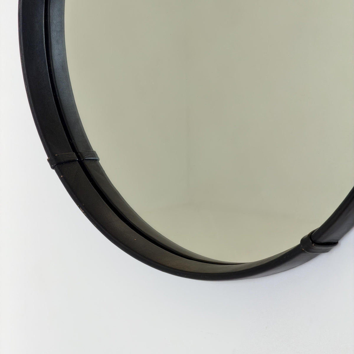 Mid Century Round Wall Mirror, Black Leather Frame, Vintage German Mirror, 1970s