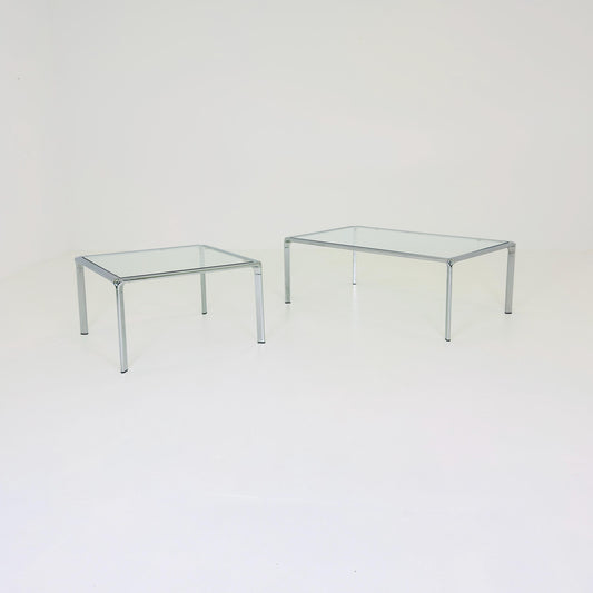 Set of 2 Mid Century Bauhaus Coffee Tables, Chrome & Thick Glass, Italian Design, 1980s,