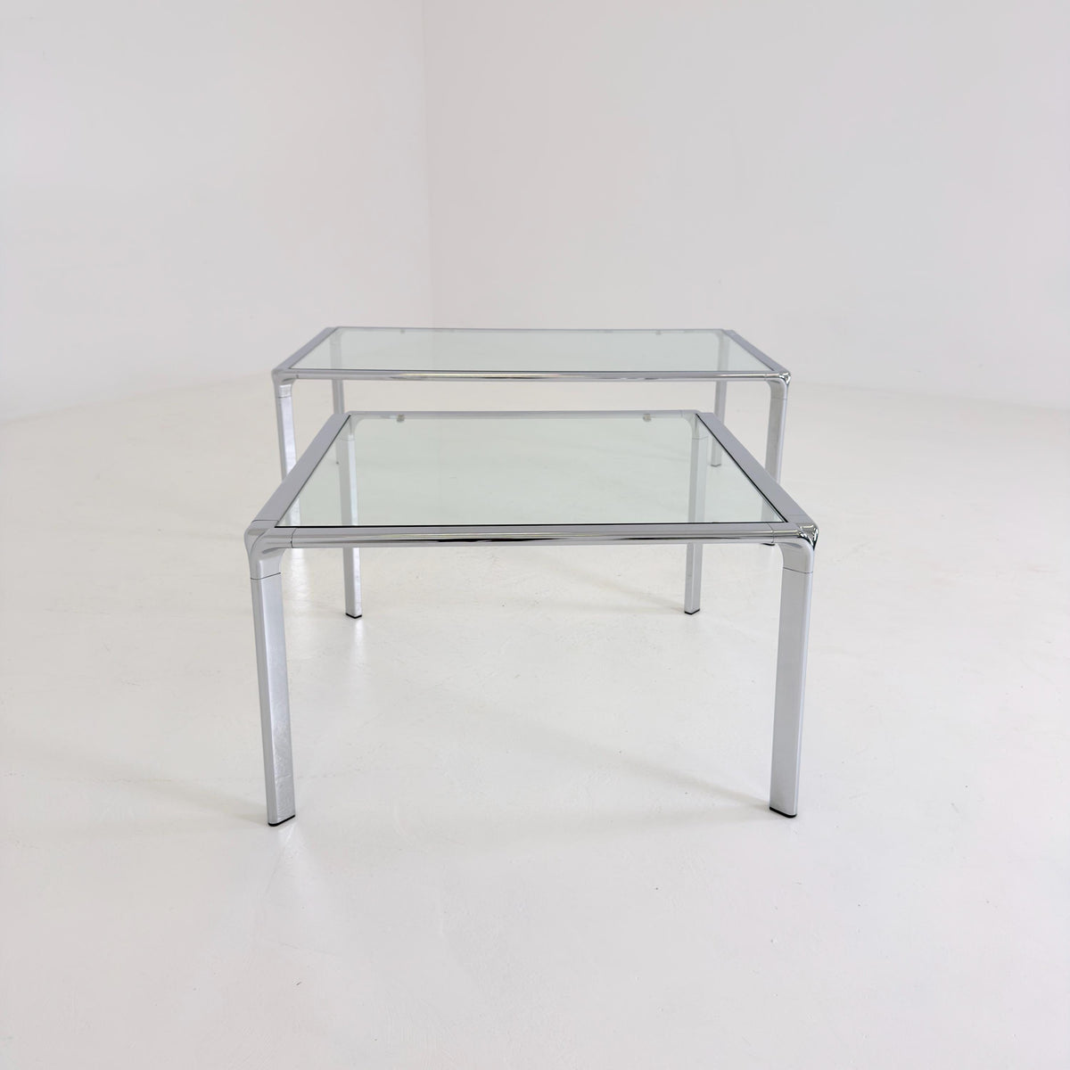 Set of 2 Mid Century Bauhaus Coffee Tables, Chrome & Thick Glass, Italian Design, 1980s,