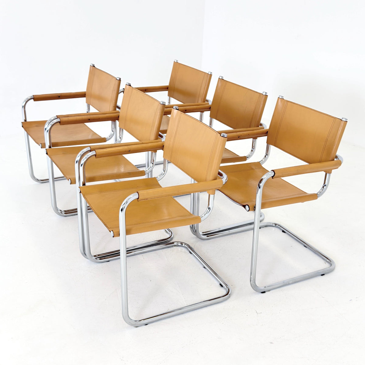 set of 6 Mid century Bauhaus Leather b34 armchairs by Mart Stam & Marcel Breuer for Fasem, Italy 1985